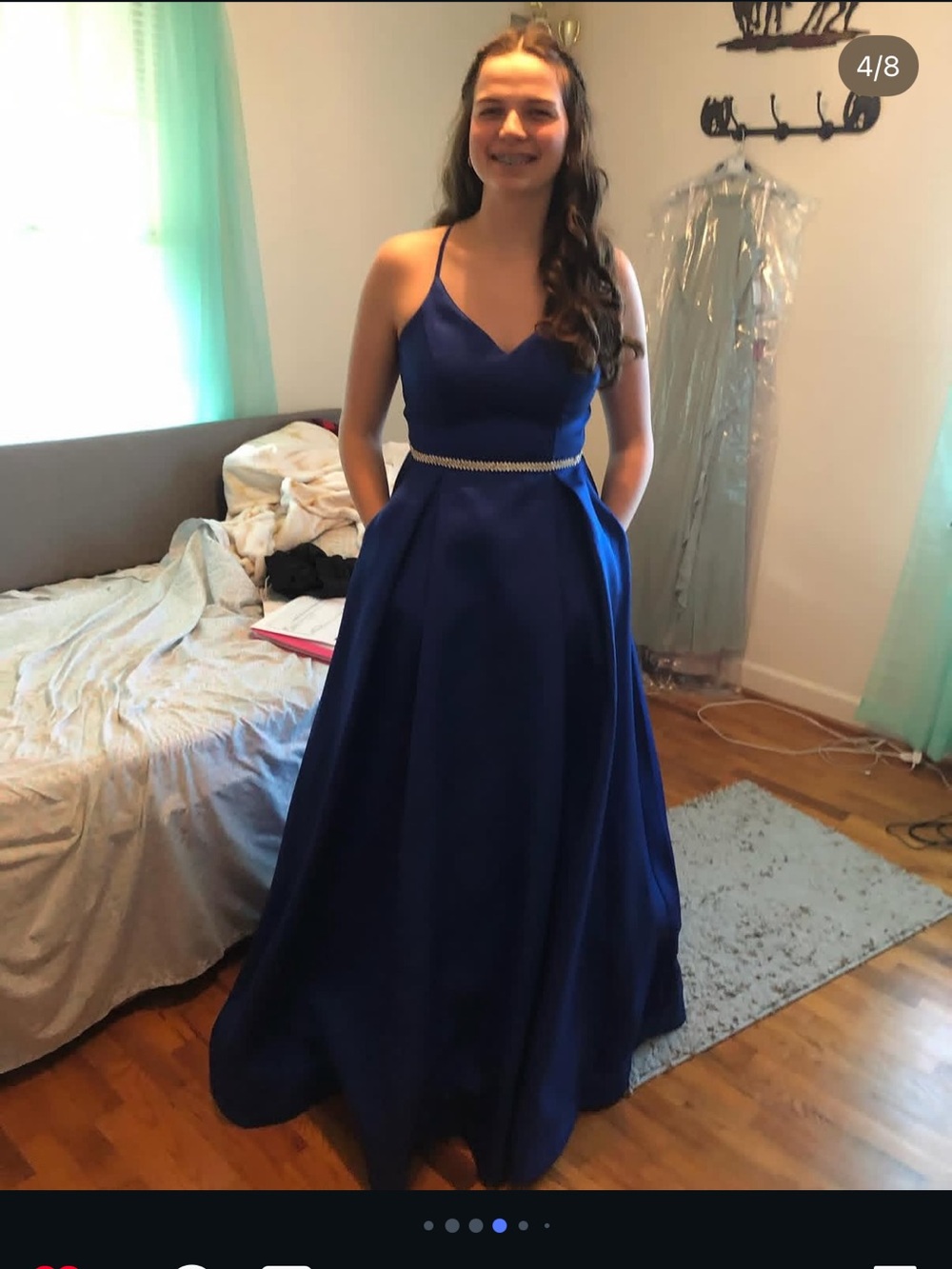 Elegant Spaghetti Strap Satin Evening Dress in Royal Blue - Picture 2 of 2